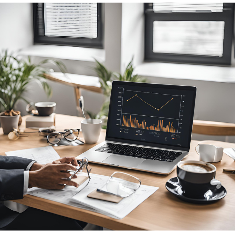 Pessoa no escritório analisando dados de uma empresa internacional para investir, na mesa a um notebook uma xica6de café e um óculos