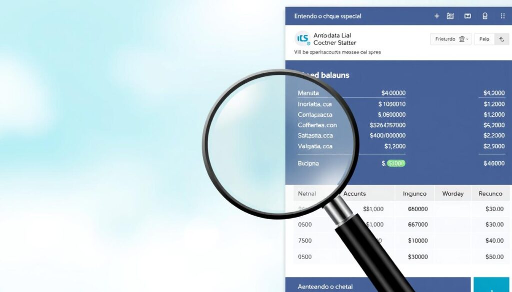 A detailed illustration of a bank account balance sheet, showcasing the concept of "Entendendo o cheque especial". The foreground depicts a modern banking interface with clean lines and minimalist design, highlighting the various account details and balance information. The middle ground features a magnifying glass, symbolizing the close examination and understanding of the special checking account. The background is a soft, blurred gradient in shades of blue and green, evoking a sense of calmness and financial security. The overall composition conveys a sense of clarity, professionalism, and a deep understanding of the special checking account mechanism. A detailed illustration of a bank account balance sheet, showcasing the concept of "Entendendo o cheque especial". The foreground depicts a modern banking interface with clean lines and minimalist design, highlighting the various account details and balance information. The middle ground features a magnifying glass, symbolizing the close examination and understanding of the special checking account. The background is a soft, blurred gradient in shades of blue and green, evoking a sense of calmness and financial security. The overall composition conveys a sense of clarity, professionalism, and a deep understanding of the special checking account mechanism.