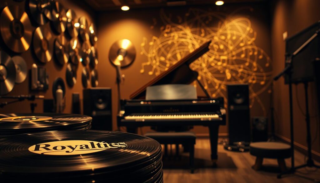 A dimly lit recording studio, the walls adorned with platinum records and vintage microphones. In the foreground, a stack of vinyl records with the title "Royalties" prominently displayed. A grand piano in the middle ground, its keys waiting to be played, symbolizing the creative heart of the music industry. In the background, a network of musical notes and dollar signs, representing the complex financial landscape of royalties. The scene is bathed in a warm, golden glow, conveying the sense of prestige and value associated with musical royalties. A dimly lit recording studio, the walls adorned with platinum records and vintage microphones. In the foreground, a stack of vinyl records with the title "Royalties" prominently displayed. A grand piano in the middle ground, its keys waiting to be played, symbolizing the creative heart of the music industry. In the background, a network of musical notes and dollar signs, representing the complex financial landscape of royalties. The scene is bathed in a warm, golden glow, conveying the sense of prestige and value associated with musical royalties.
