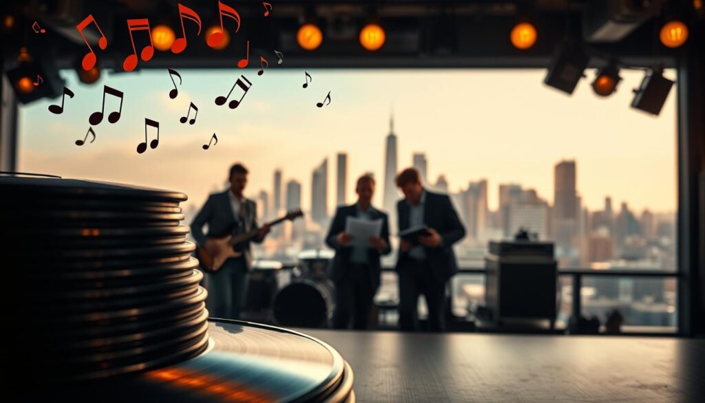 A richly detailed image of the concept of "musical royalties". The foreground features a stack of vinyl records, with notes and musical symbols floating above. In the middle ground, a group of musicians are gathered around a laptop, discussing contracts and financial documents. The background showcases a cityscape with skyscrapers, representing the business side of the music industry. The lighting is warm and inviting, creating a sense of creativity and collaboration. The overall atmosphere conveys the intersection of art and commerce in the world of musical royalties. A richly detailed image of the concept of "musical royalties". The foreground features a stack of vinyl records, with notes and musical symbols floating above. In the middle ground, a group of musicians are gathered around a laptop, discussing contracts and financial documents. The background showcases a cityscape with skyscrapers, representing the business side of the music industry. The lighting is warm and inviting, creating a sense of creativity and collaboration. The overall atmosphere conveys the intersection of art and commerce in the world of musical royalties.