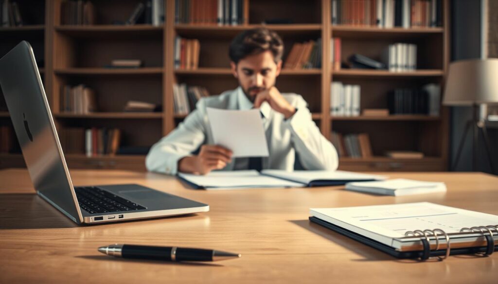 A serene, soft-lit office scene, with a desk in the foreground featuring a laptop, a pen, and a chequebook. In the middle ground, a person in formal attire sits at the desk, contemplating financial documents. The background shows a wall of bookshelves, adding a sense of professionalism and expertise. The lighting is warm and diffused, creating a calm, thoughtful atmosphere. The composition emphasizes the focus on resolving the "cheque especial" situation, with the person's expression conveying determination and problem-solving. The overall scene suggests a journey towards financial stability and independence. A serene, soft-lit office scene, with a desk in the foreground featuring a laptop, a pen, and a chequebook. In the middle ground, a person in formal attire sits at the desk, contemplating financial documents. The background shows a wall of bookshelves, adding a sense of professionalism and expertise. The lighting is warm and diffused, creating a calm, thoughtful atmosphere. The composition emphasizes the focus on resolving the "cheque especial" situation, with the person's expression conveying determination and problem-solving. The overall scene suggests a journey towards financial stability and independence.