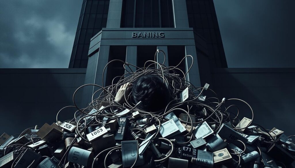 A stark and imposing edifice of steel and glass, representing the towering presence of banking institutions. In the foreground, a tangled web of numbers, figures, and ledgers spills forth, symbolizing the complex web of financial obligations. The middleground features a person, their face obscured, buried beneath the weight of these debts, conveying the overwhelming burden of bank-owed liabilities. The background casts a somber, muted tone, a sense of unease and constriction, as if the very walls of this financial domain are closing in. Dramatic lighting casts deep shadows, heightening the sense of tension and distress. Ultimately, this image aims to capture the tangible and intangible impacts of bank-owed debts, a visual representation of the "Dívidas Bancárias" that plague individuals. A stark and imposing edifice of steel and glass, representing the towering presence of banking institutions. In the foreground, a tangled web of numbers, figures, and ledgers spills forth, symbolizing the complex web of financial obligations. The middleground features a person, their face obscured, buried beneath the weight of these debts, conveying the overwhelming burden of bank-owed liabilities. The background casts a somber, muted tone, a sense of unease and constriction, as if the very walls of this financial domain are closing in. Dramatic lighting casts deep shadows, heightening the sense of tension and distress. Ultimately, this image aims to capture the tangible and intangible impacts of bank-owed debts, a visual representation of the "Dívidas Bancárias" that plague individuals.