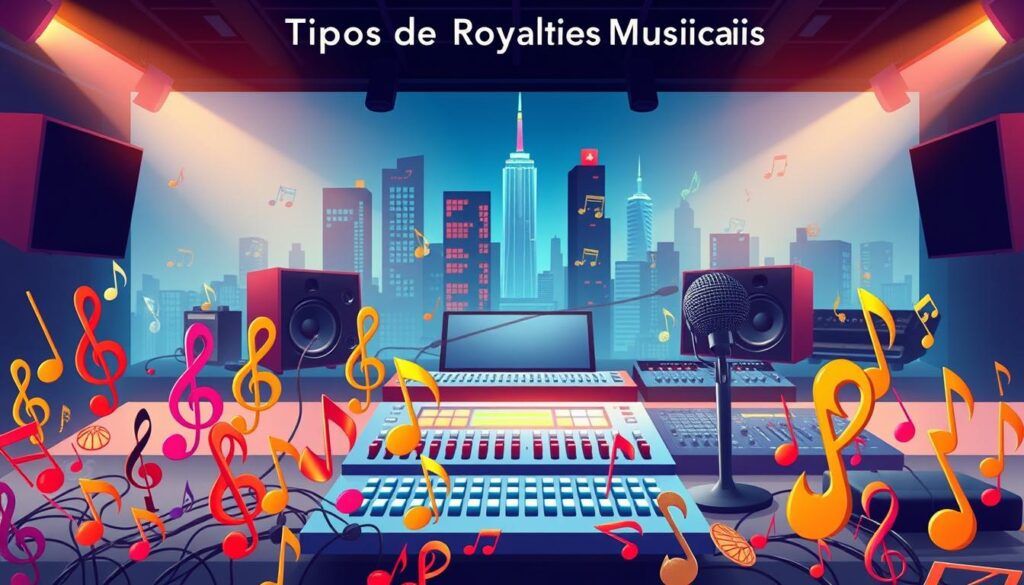A vibrant and informative illustration showcasing the "Tipos de Royalties Musicais" (Types of Music Royalties). In the foreground, a diverse array of musical notes, clefs, and symbols symbolize the various royalty streams, expertly rendered with a sharp, realistic style and warm, inviting colors. The middle ground features a sleek, modern musical equipment like microphones, headphones, and mixing consoles, hinting at the industry behind the royalties. The background depicts a cityscape with skyscrapers and recording studios, establishing a professional, commercial context. The entire scene is bathed in a soft, diffused lighting that creates a polished, editorial-style aesthetic, perfect for illustrating the article's informative section. A vibrant and informative illustration showcasing the "Tipos de Royalties Musicais" (Types of Music Royalties). In the foreground, a diverse array of musical notes, clefs, and symbols symbolize the various royalty streams, expertly rendered with a sharp, realistic style and warm, inviting colors. The middle ground features a sleek, modern musical equipment like microphones, headphones, and mixing consoles, hinting at the industry behind the royalties. The background depicts a cityscape with skyscrapers and recording studios, establishing a professional, commercial context. The entire scene is bathed in a soft, diffused lighting that creates a polished, editorial-style aesthetic, perfect for illustrating the article's informative section.