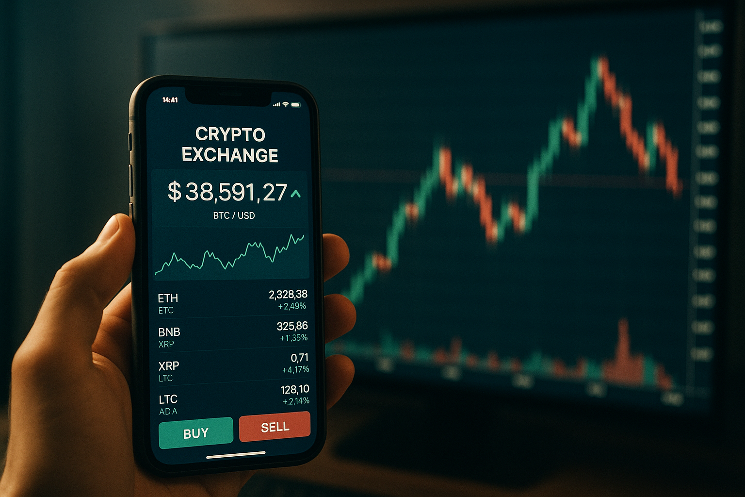 Celular e gráfico mostrando a volatilidade do bitcoin