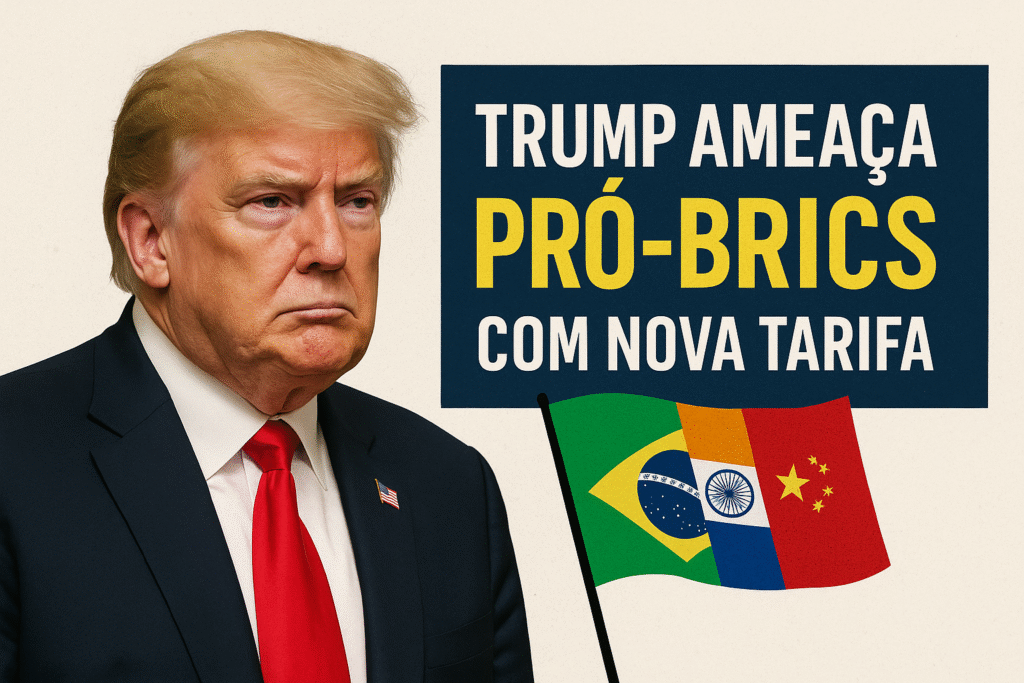 Montagem digital com presidente dos EUA Donald Trump à frente, em expressão séria, Atrás, bandeiras dos países do BRICS (Brasil, Rússia, Índia, China e África do Sul) em tons escurecidos. O cenário transmite tensão geopolítica e conflito comercial.
