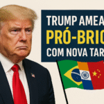 Montagem digital com presidente dos EUA Donald Trump à frente, em expressão séria, Atrás, bandeiras dos países do BRICS (Brasil, Rússia, Índia, China e África do Sul) em tons escurecidos. O cenário transmite tensão geopolítica e conflito comercial.